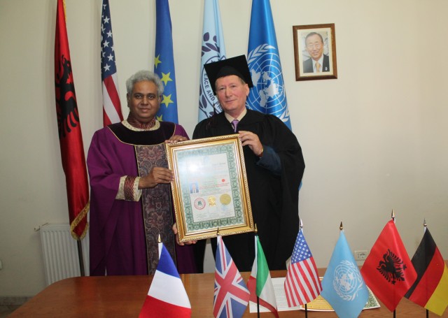 Dr. Madhu Krishan confers the Doctor Honoris Causa degree to Journalist Zenel  Çeliku | Diplomatic Mission Peace and Prosperity